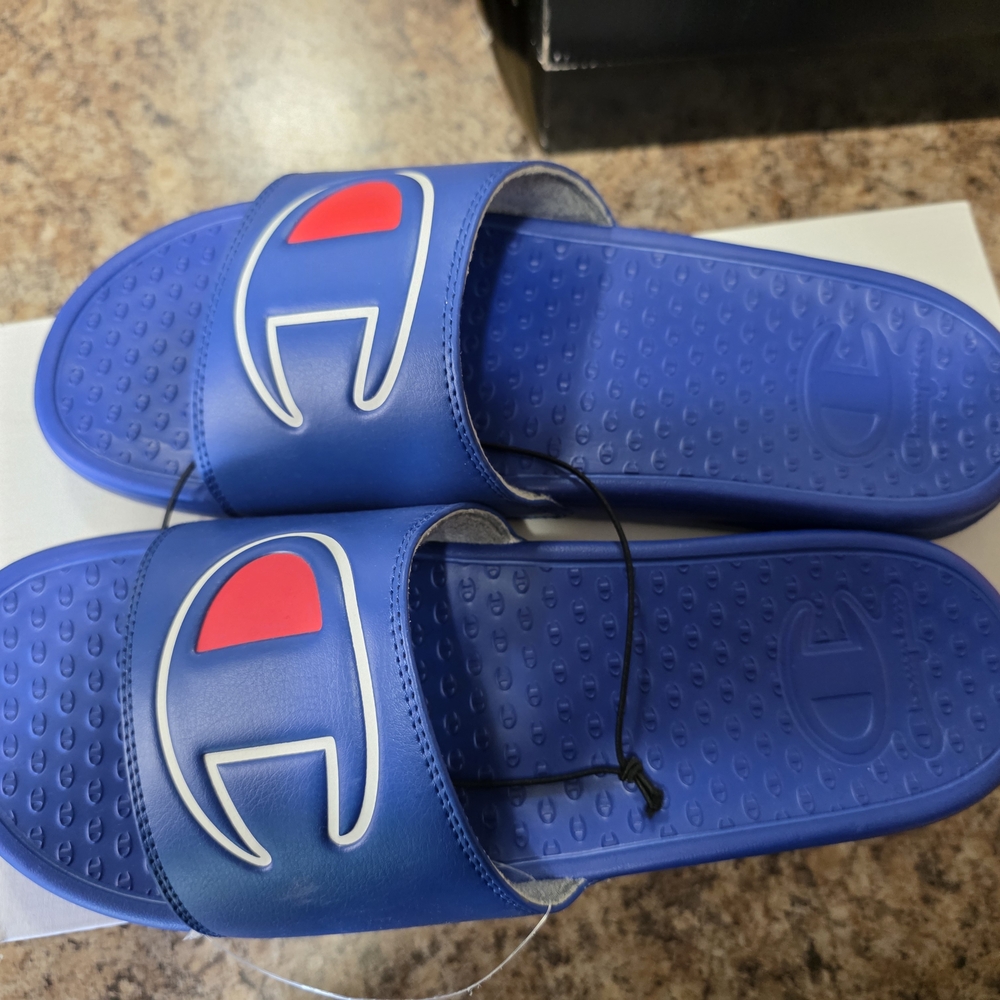 Champion Blue Slides with Red and White Logo